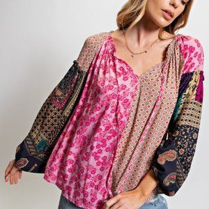 Easel Plus Pink Vintage Inspired Boho Long Puff Sleeve Top